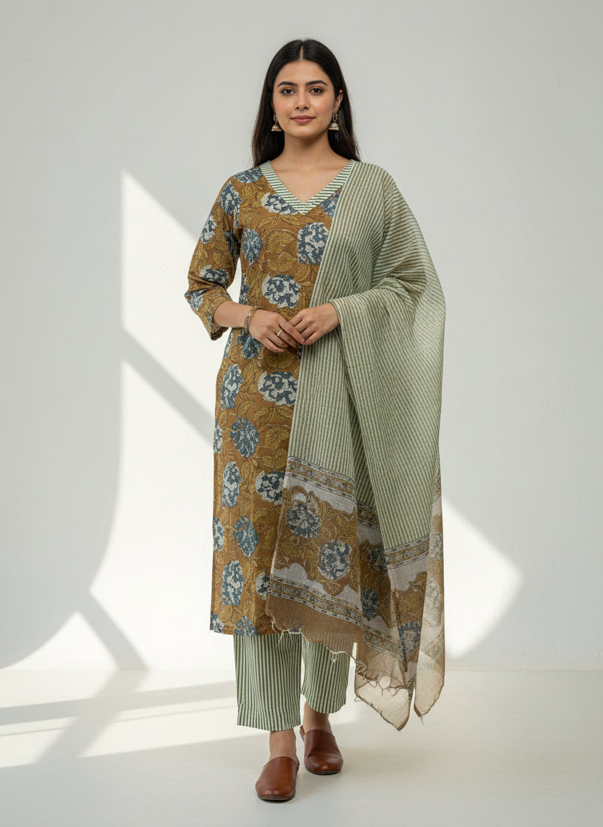 Pure Hand Block Printed Kurta Set (Khakhi Green)