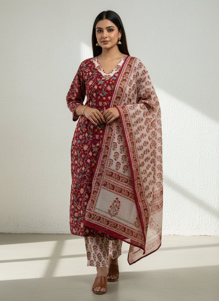 Pure Hand Block Printed Kurta Set (Red)