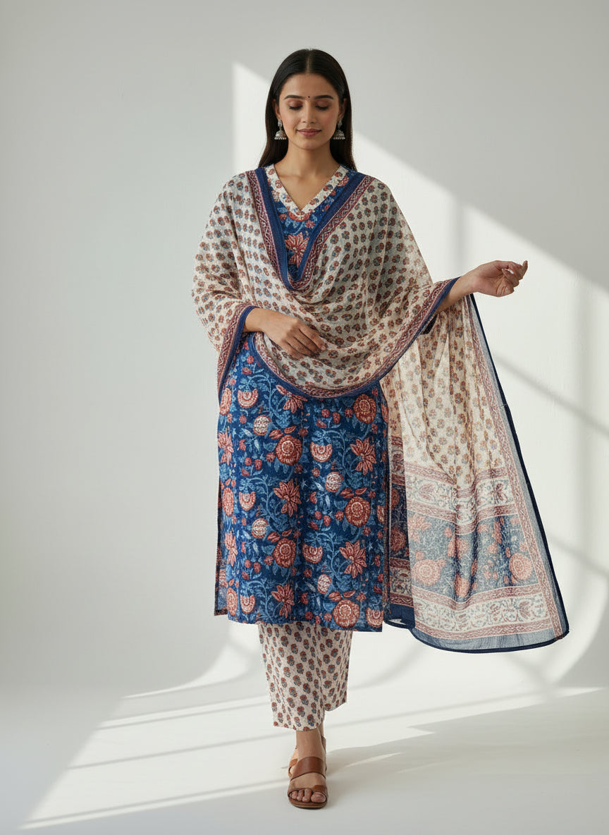 Pure Hand Block Printed Kurta Set (Blue)