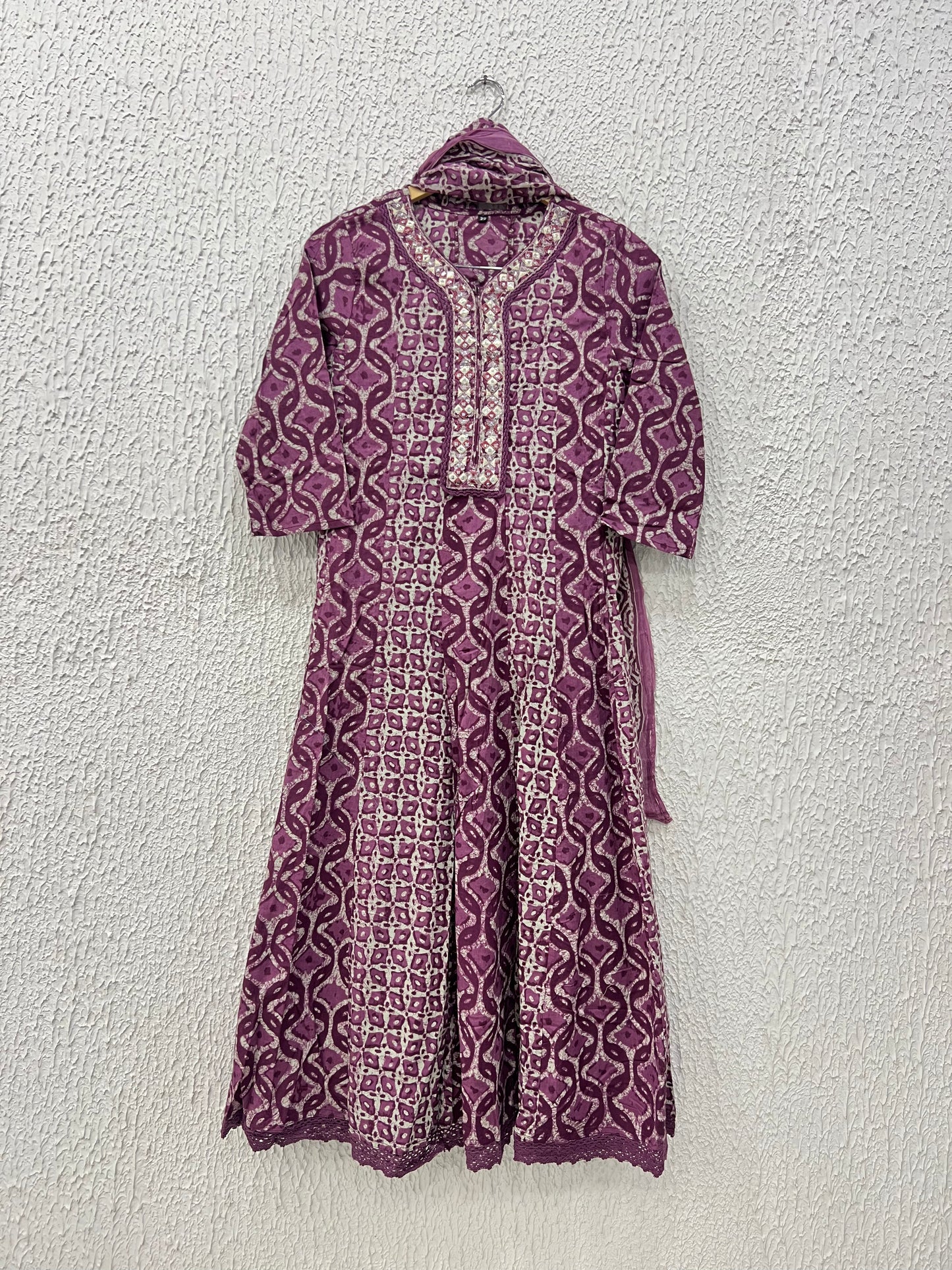 Blue/Purple Printed Cotton Anarkali Suit Set with Printed Cotton Dupatta