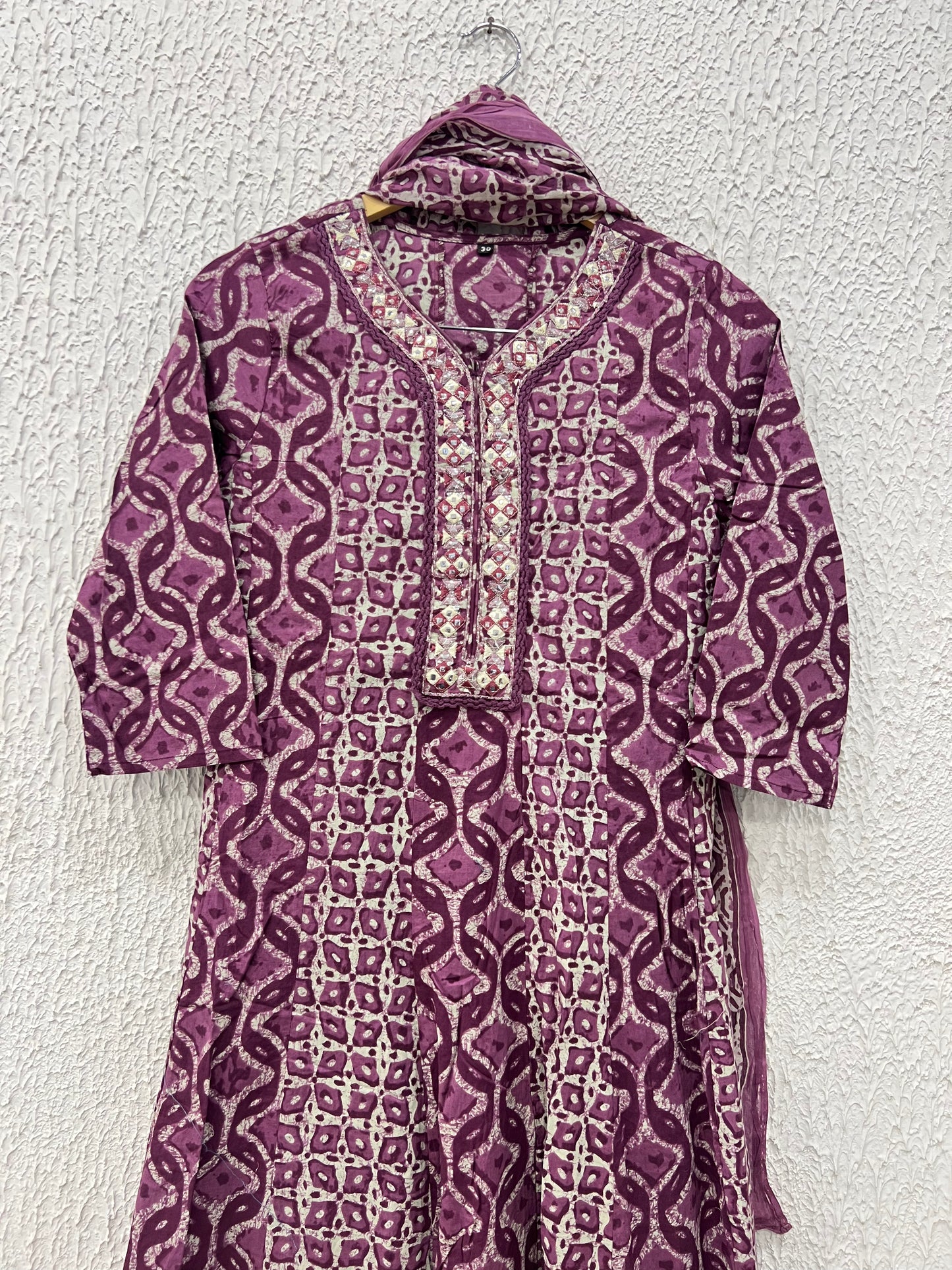 Blue/Purple Printed Cotton Anarkali Suit Set with Printed Cotton Dupatta