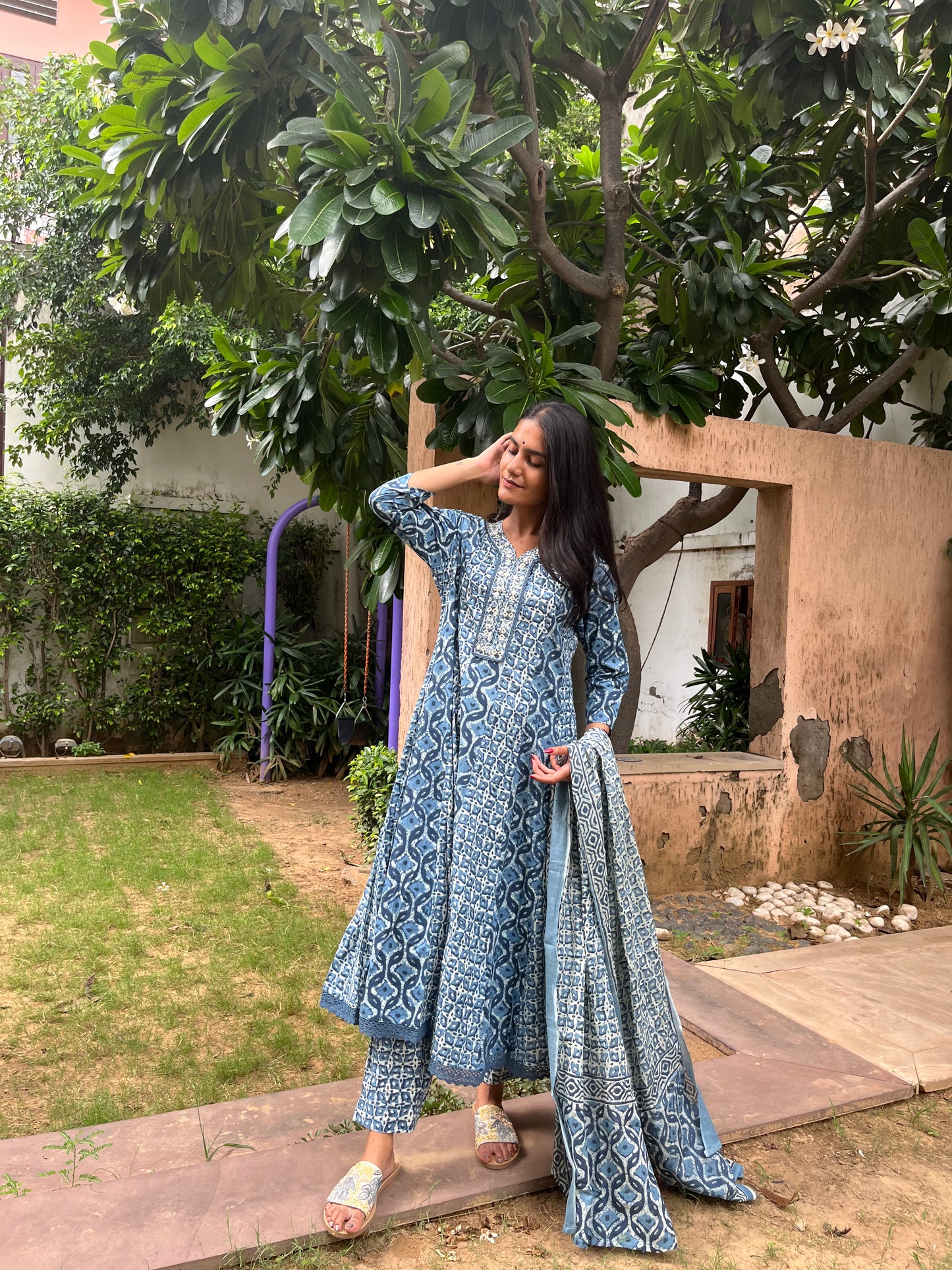 Blue/Purple Printed Cotton Anarkali Suit Set with Printed Cotton Dupatta
