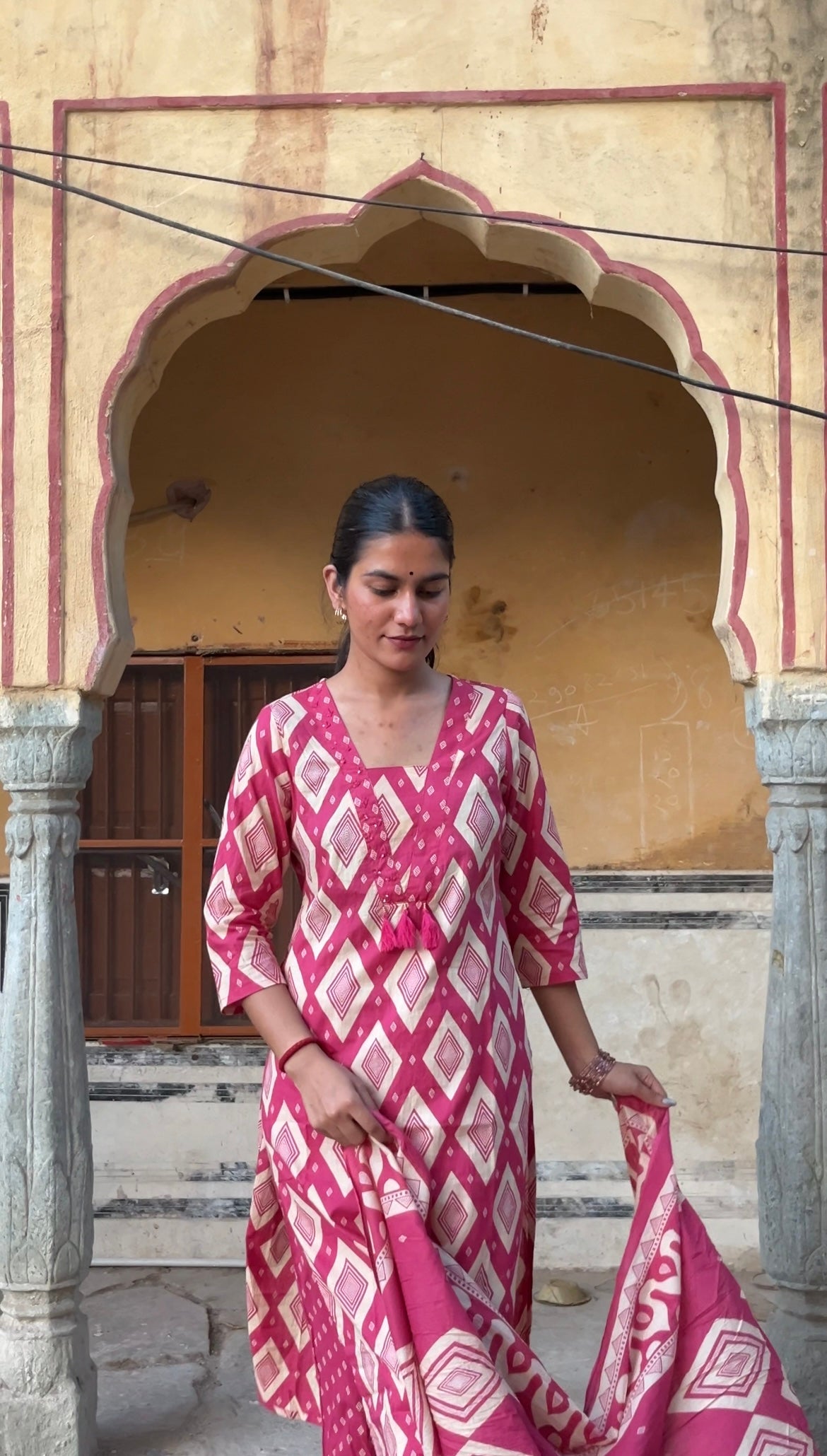 Pink Printed V-neck Cotton Straight Suit Set