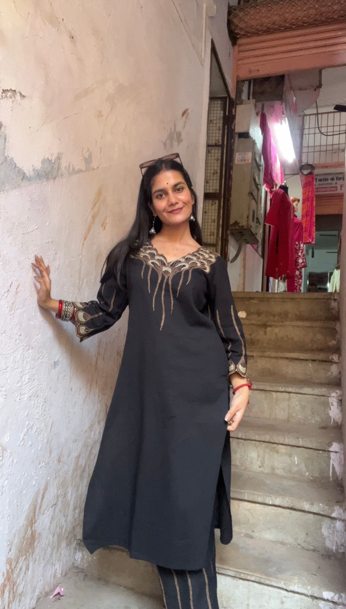Black Embroidered Cotton Kurta Pant Set