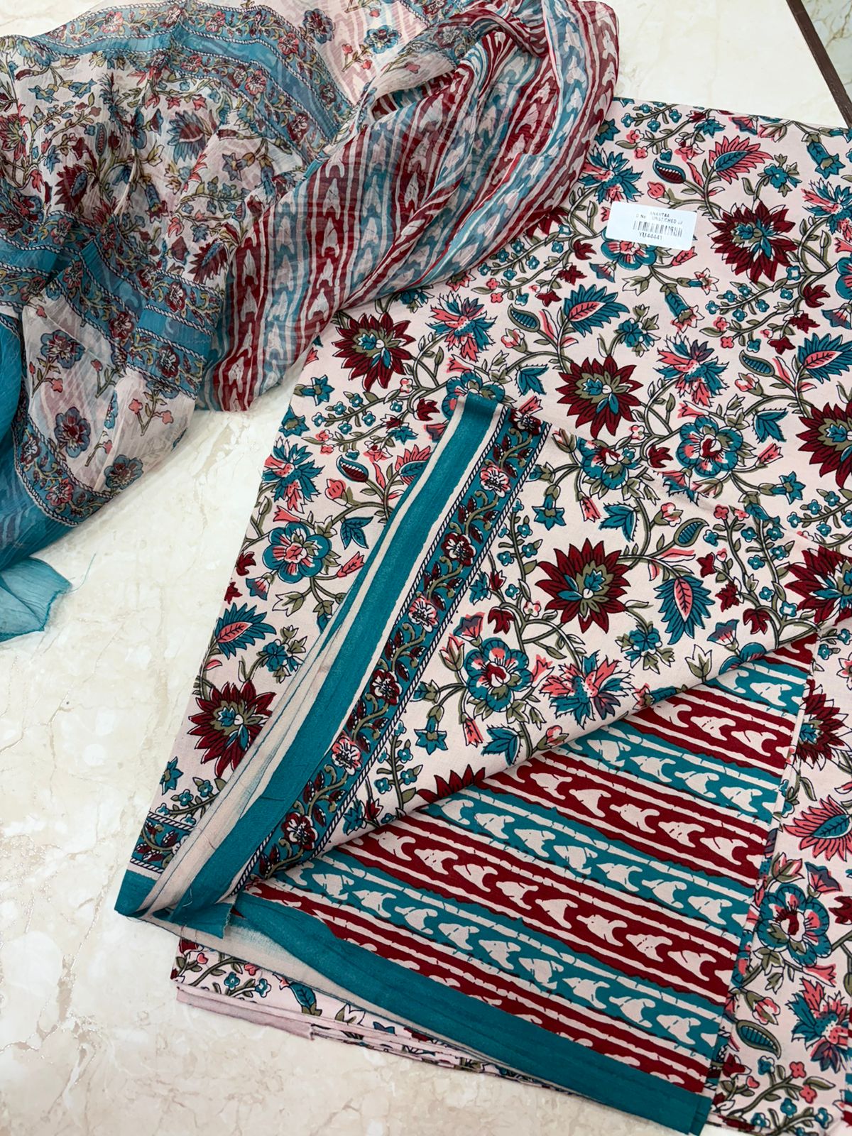 Cotton Block Printed Chiffon Dupatta Unstitched Suit Set