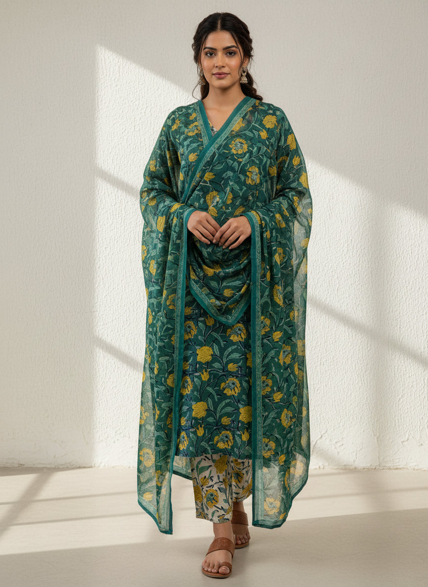 Pure Hand Block Printed Kurta Set (Green)