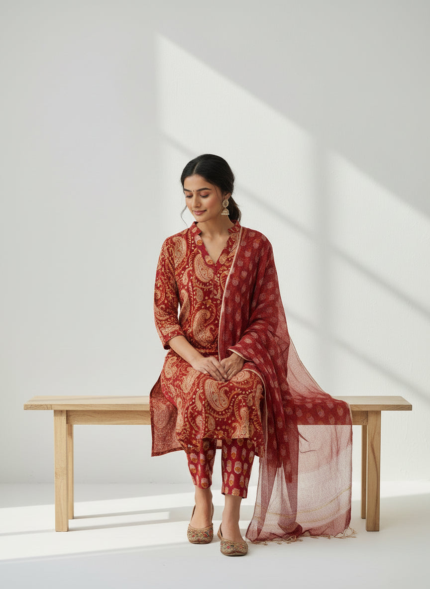 Pure Hand Block Printed Kurta Set (Red)