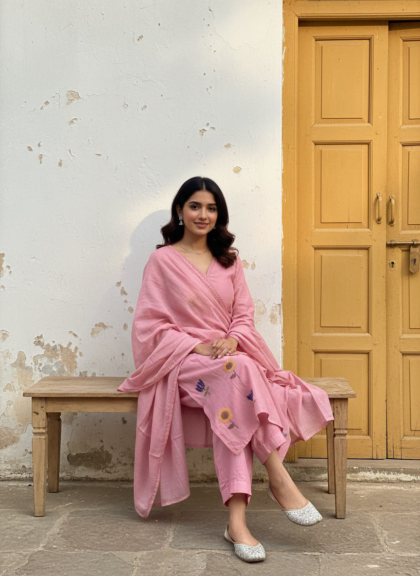Mul Chanderi Floral Kurta Set with Delicate Embroidery (Pink)