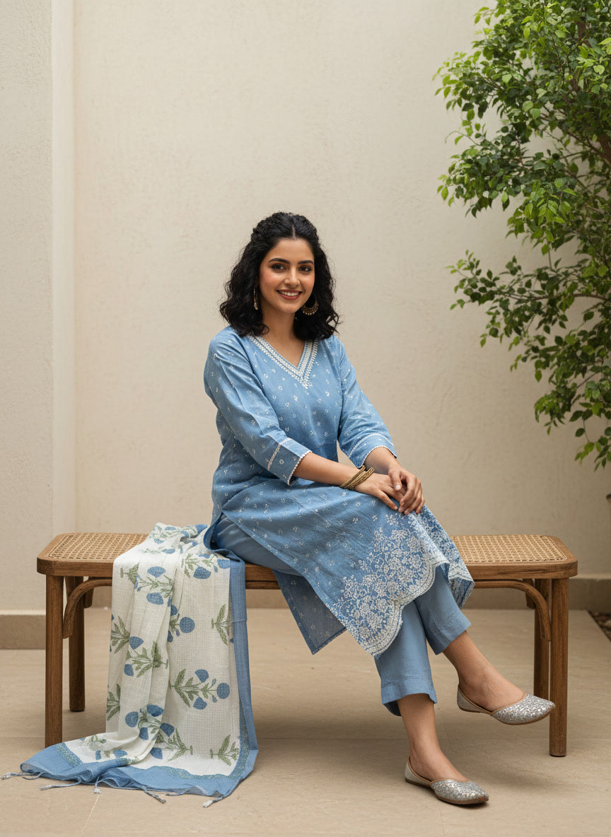 Pastel Cotton Kurta Set with Kota Doriya Dupatta (Pastel Blue)