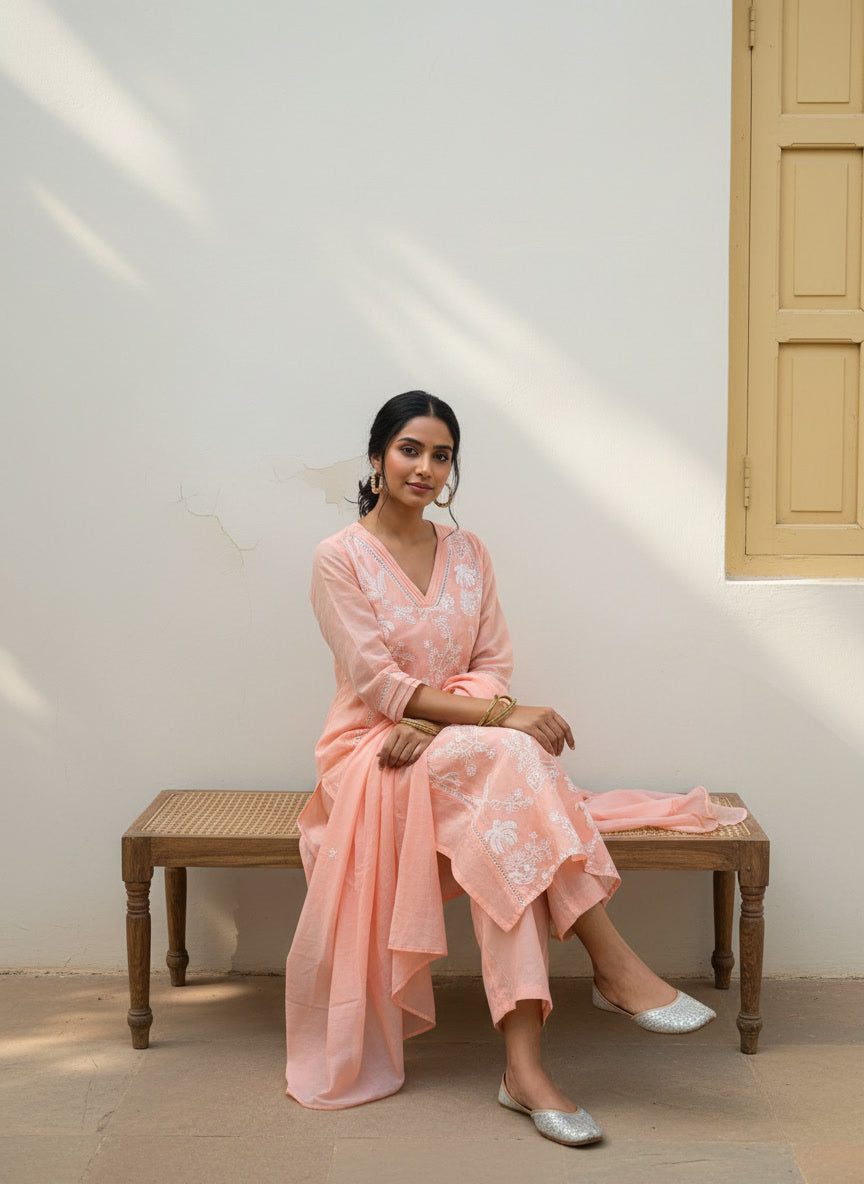Mul Chanderi A-Line Kurta Set with Elegant Thread Embroidery (Light Pink)