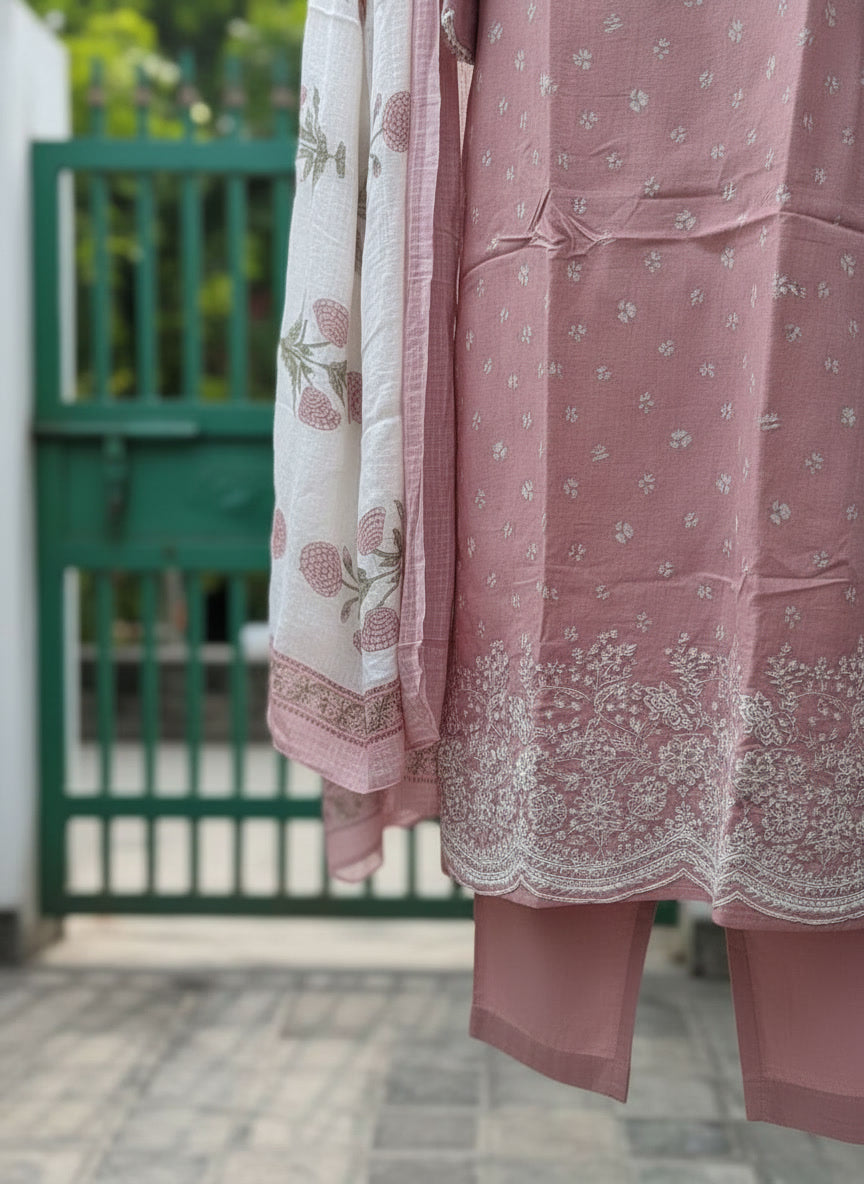 Pastel Cotton Kurta Set with Kota Doriya Dupatta (Pastel Pink)