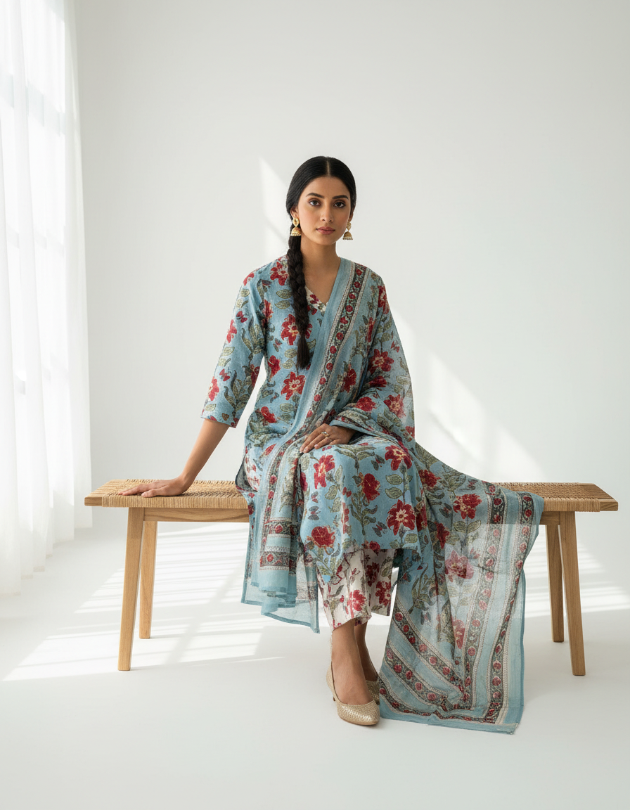 Pure Hand Block Printed Kurta Set (Light Blue)