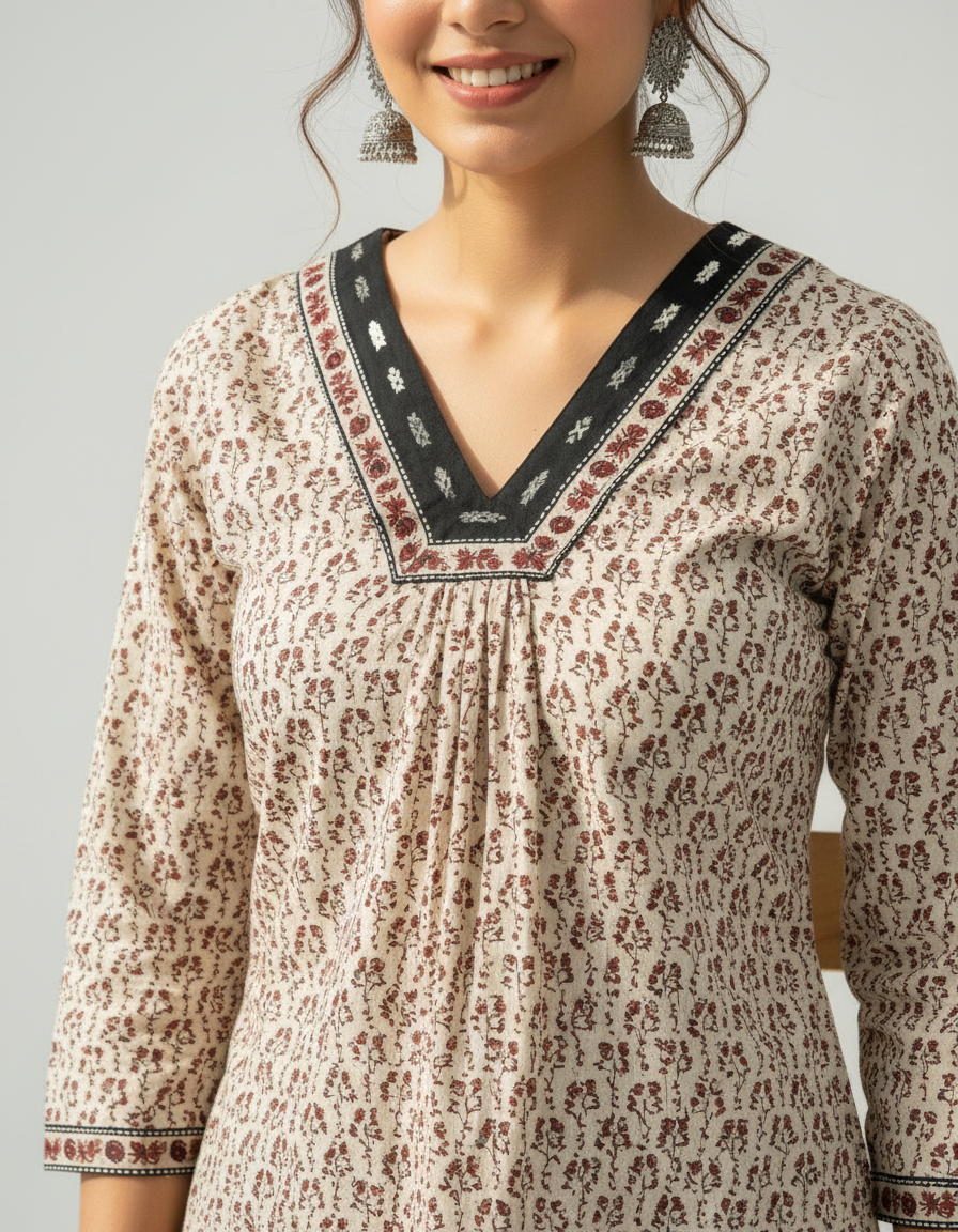Handcrafted Cotton Kurta Palazzo Set with Mirror-Detail Neckline