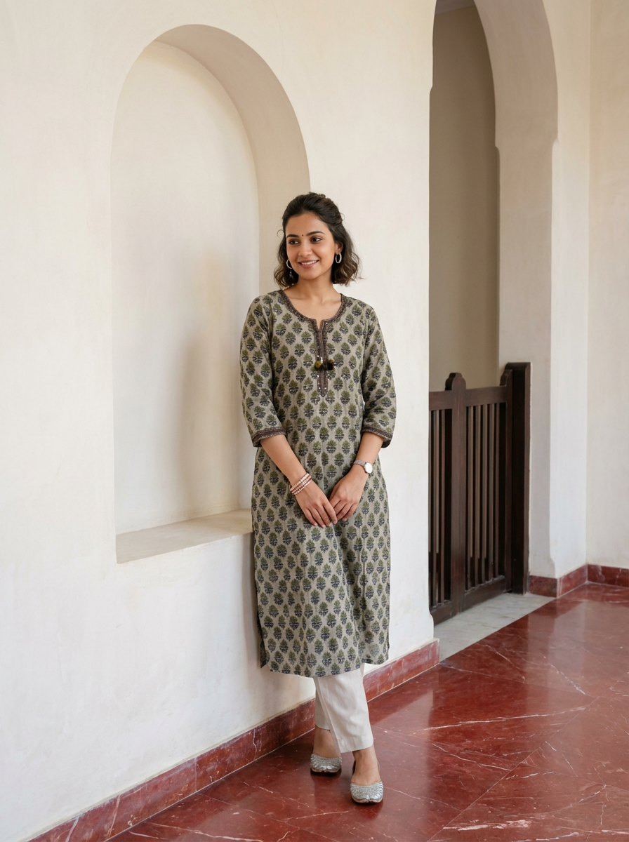 Olive Printed Cotton Kurta