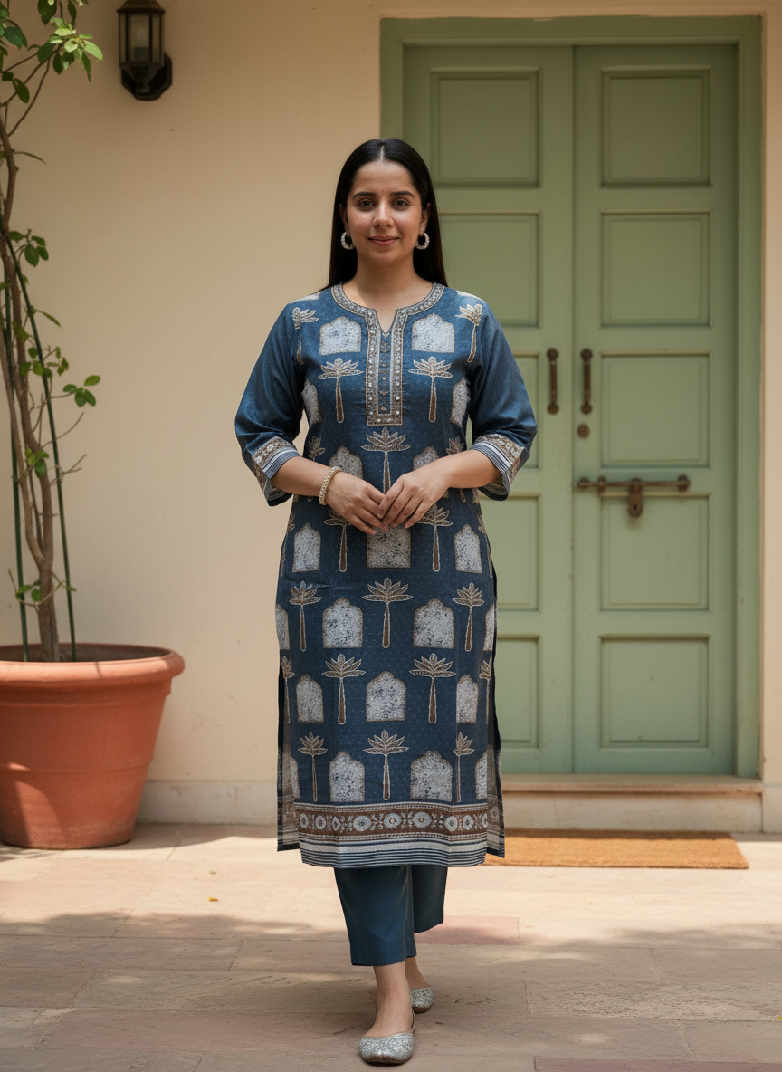 Cotton Linen Printed Kurta Set with Dupatta