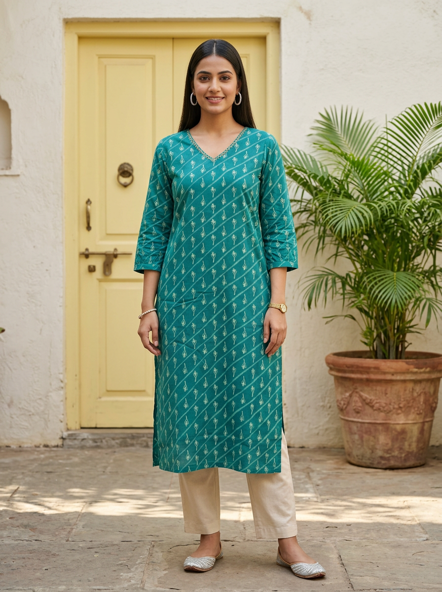 Green Cotton Kurta.