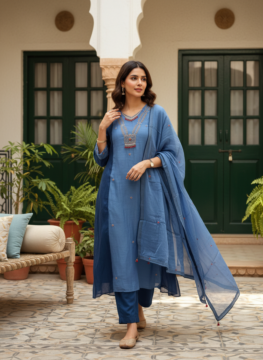 Pure Banaras Mulchanderi Necklace Handwork 3-Piece Set