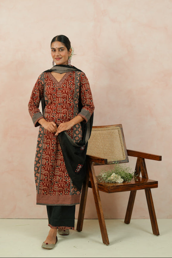Brown Cotton Ajrak Kurta Set