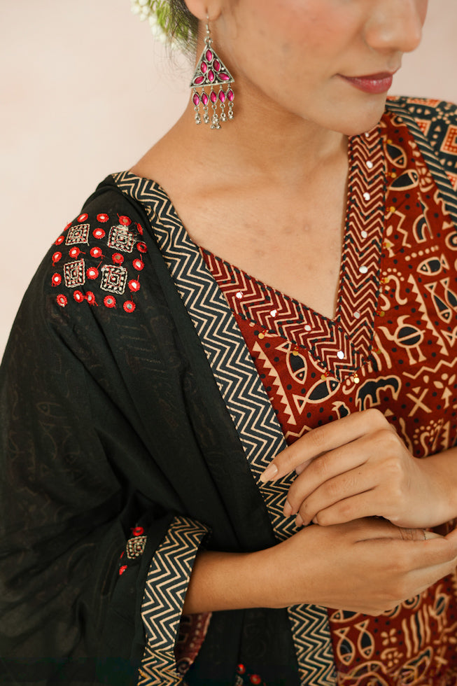 Brown Cotton Ajrak Kurta Set