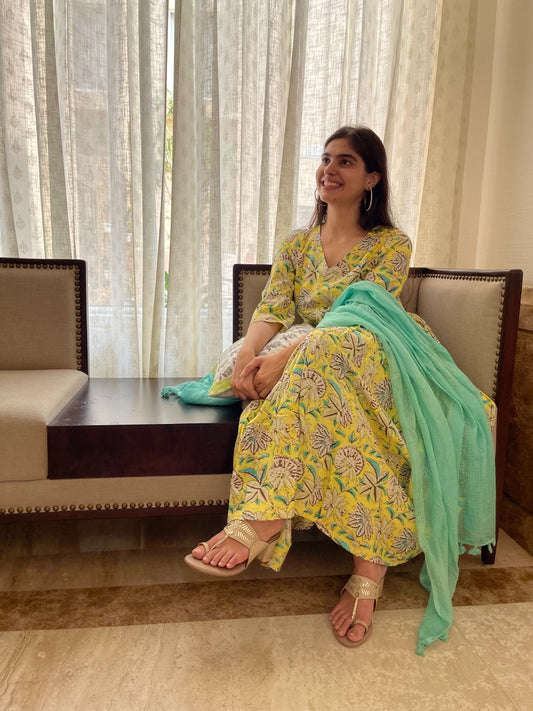 Lemon Printed Cotton Anarkali Suit Set with Kota doriya dupatta