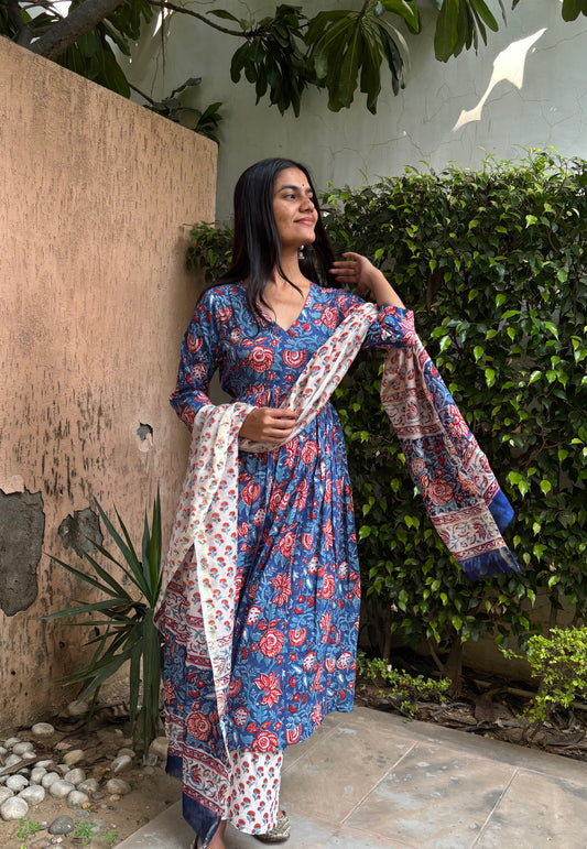 Floral Handblock Printed Cotton Anarkali