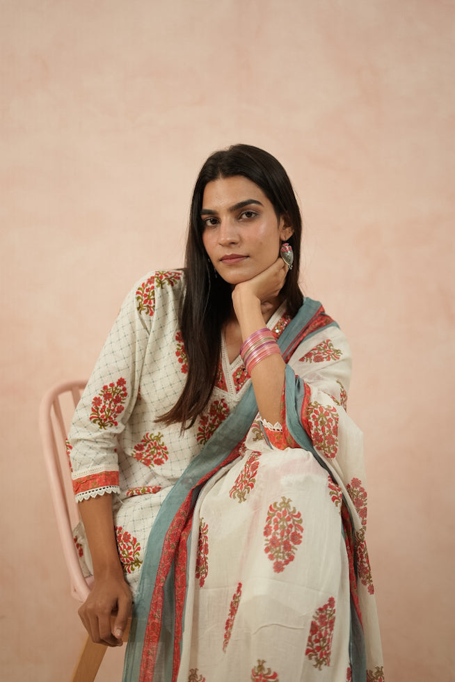 White Floral Block-Printed Cotton Kurta Set