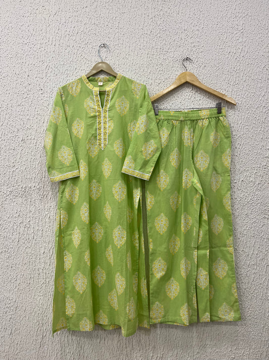 Green Cotton Printed Kurta Set