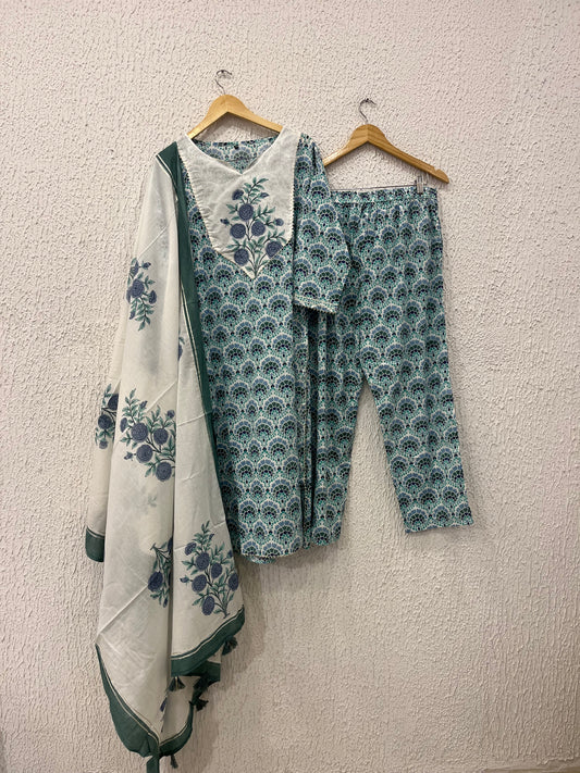 Handblock printed cotton kurta set with dupatta