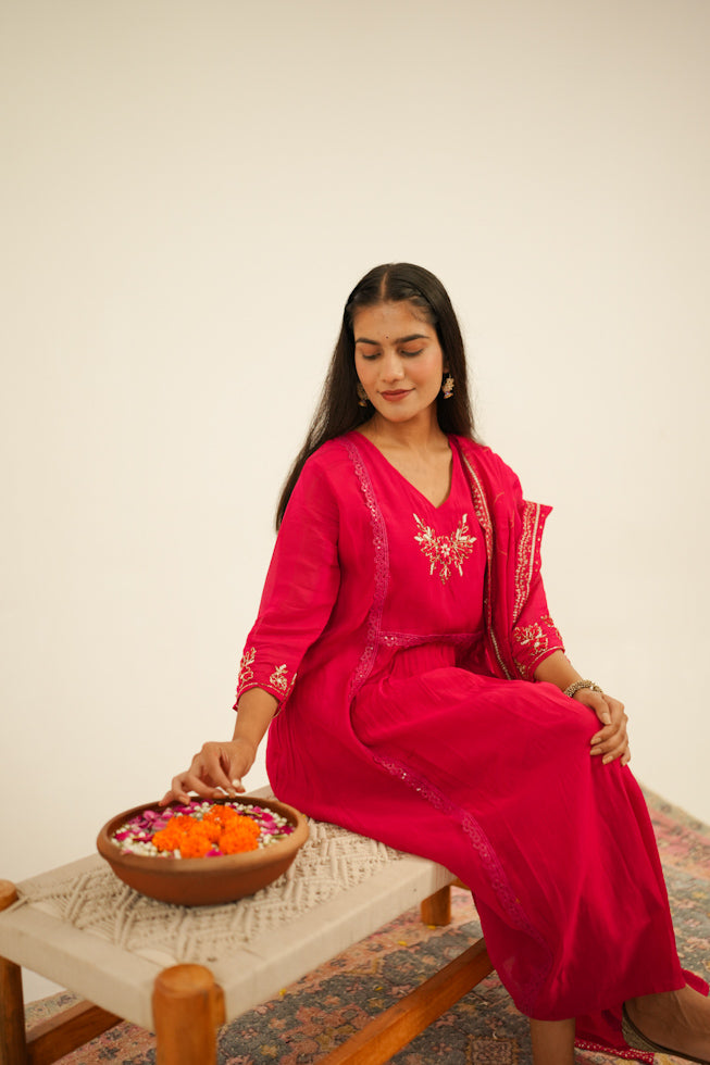 Hand-Embroidered Mul Chanderi Nayra-Cut Kurta Set