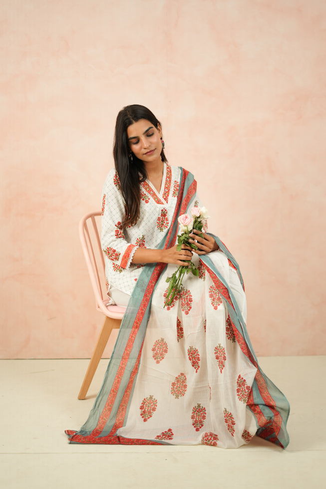 White Floral Block-Printed Cotton Kurta Set