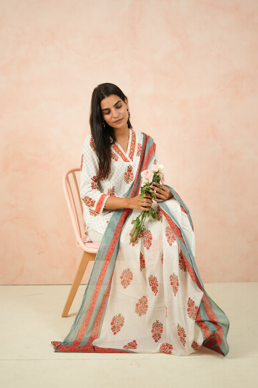 White Floral Block-Printed Cotton Kurta Set