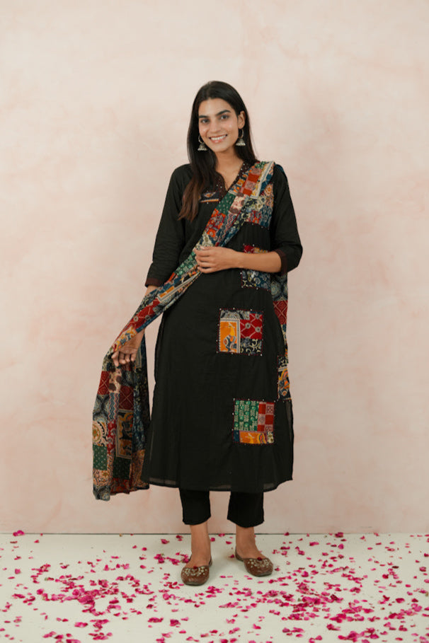 Black Cotton Kurta Set with Appliqué Work
