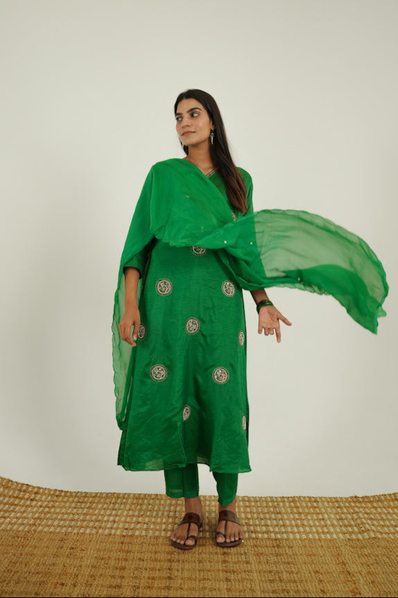 Hand-Embroidered Dola Silk A-Line Kurta Set