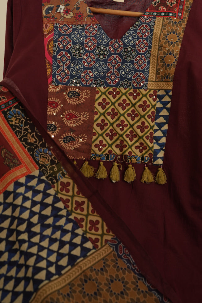 Maroon Cotton Ajrak Kurta Set