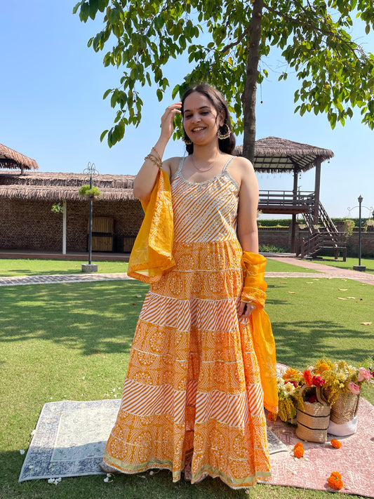 Yellow Gotta work Cotton Anarkali Suit Set with Organza Dupatta
