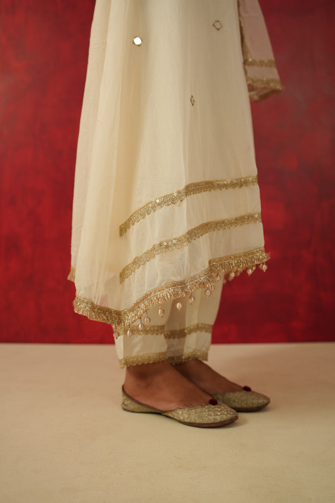 Mul Chanderi A-Line Kurta Set with Mirror Work