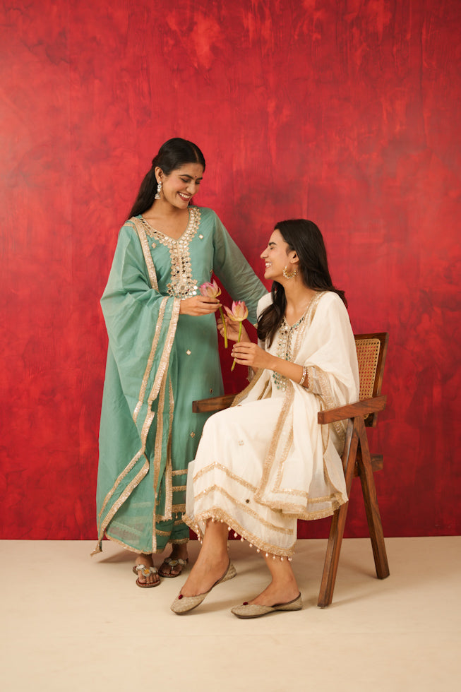 Mul Chanderi A-Line Kurta Set with Mirror Work