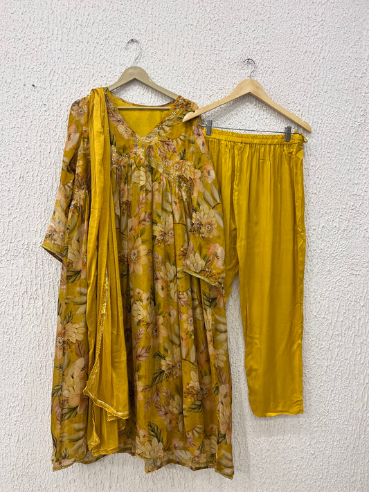 Mustard Chinon Alia Cut With Dupatta