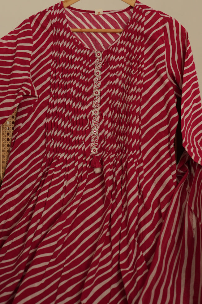Pink Lehriya Cotton A Line Kurta Set