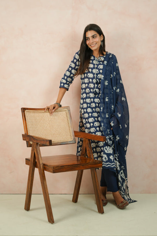 Blue/Red Elephant Print Cotton Kurta Set