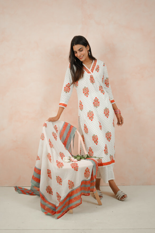 White Floral Block-Printed Cotton Kurta Set