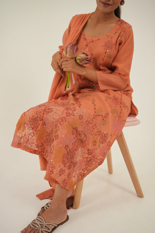 Peach Floral Threadwork Kurta Set