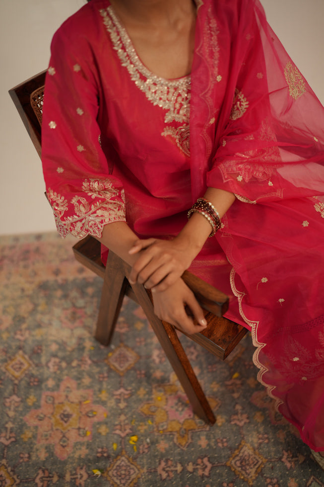 Hand-Embroidered Pure Shimmer Kurta Set with Organza Dupatta