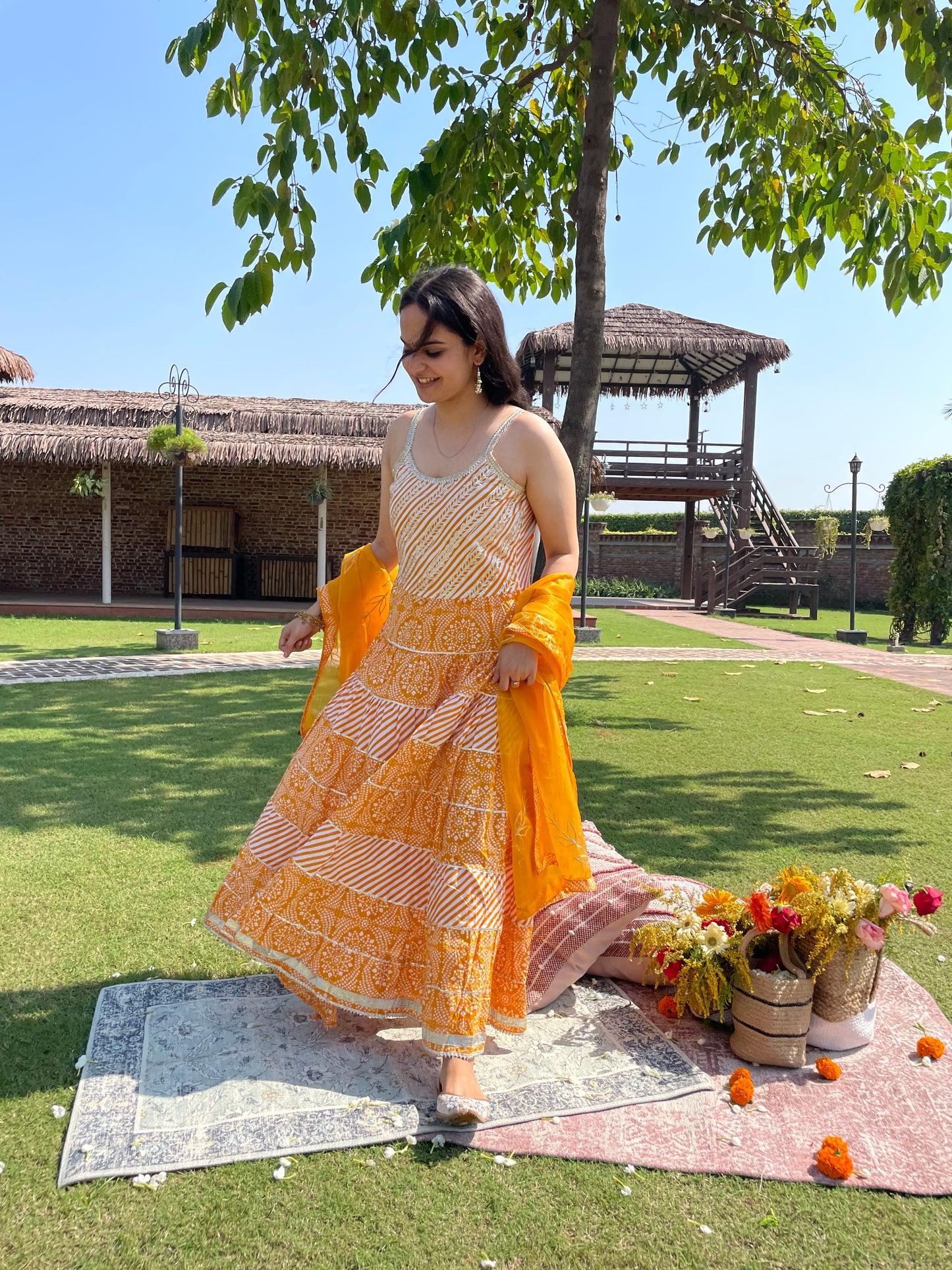 Yellow Gotta work Cotton Anarkali Suit Set with Organza Dupatta