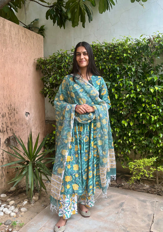Floral Green Handblock Printed Cotton Anarkali