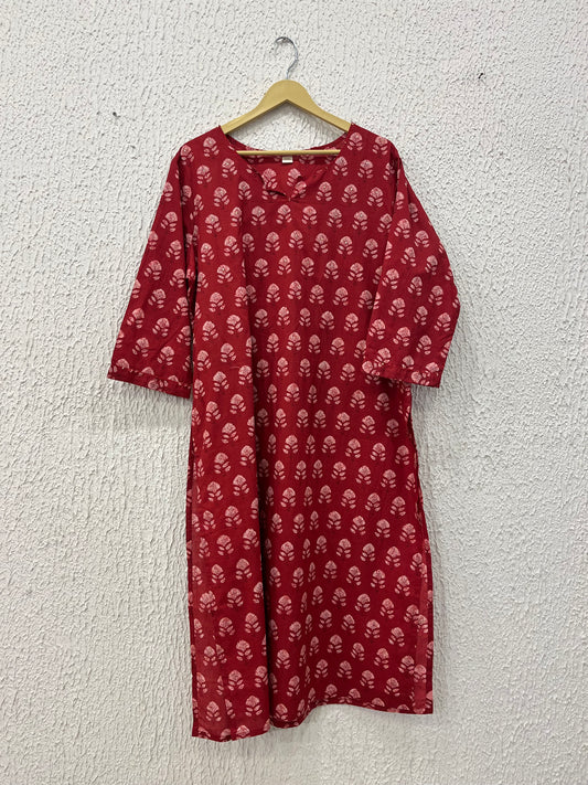 Red Floral print cotton Kurta.