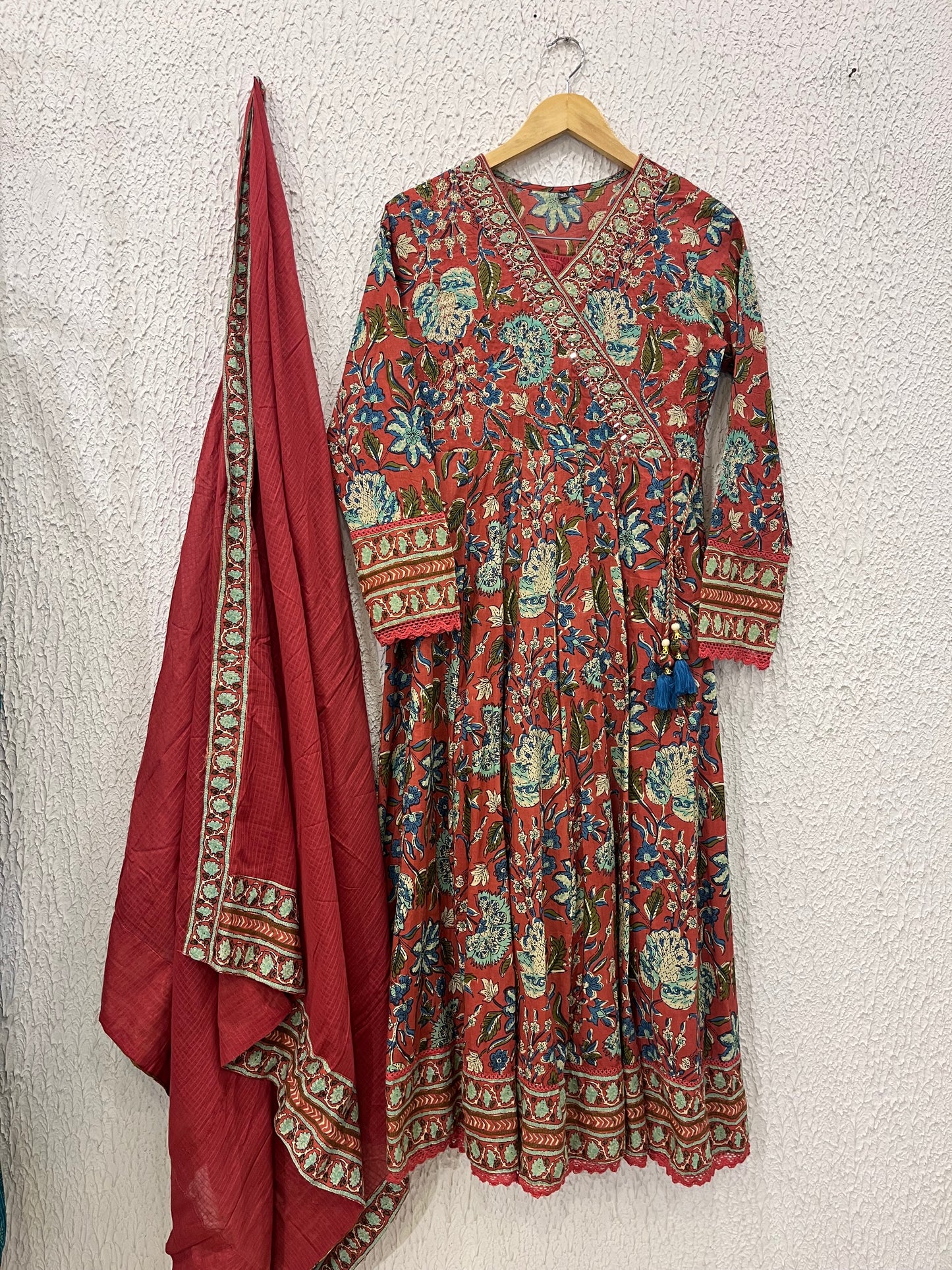 Angrakha Pattern Cotton Anarkali with Kota Doriya Dupatta