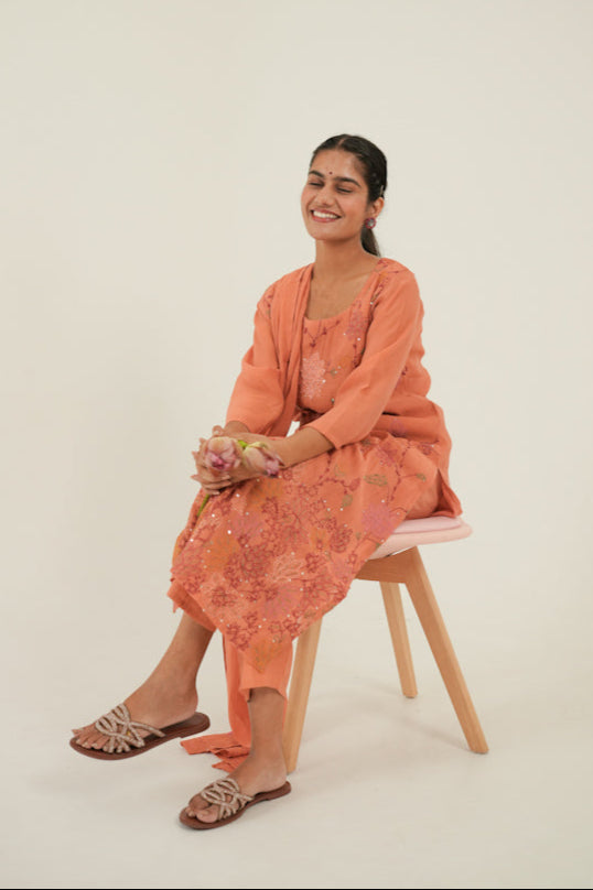 Peach Floral Threadwork Kurta Set
