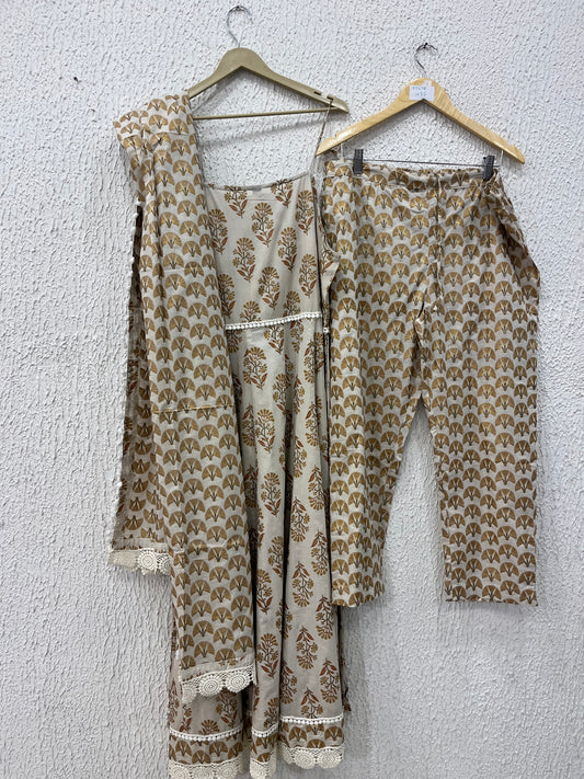 Beige Printed Cotton Anarkali Suit Set with lace detailing