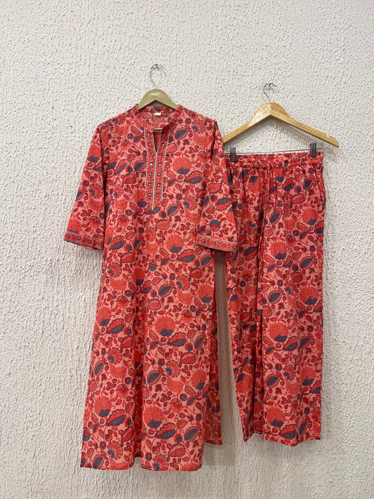 Orange Floral Cotton Kurta Set